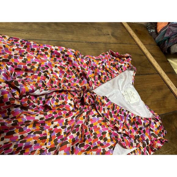 KATE SPADE Aubrey Wrap Dress 6 Pink Brown Abstract Print Silk Sleeveless Ruffles - Picture 7 of 15